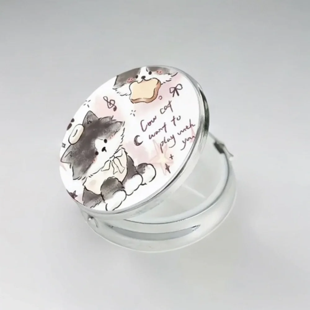 Cute Tabby Cat Pill Case, 3 Compartment Holder, Kawaii Kitty Compact Mirror